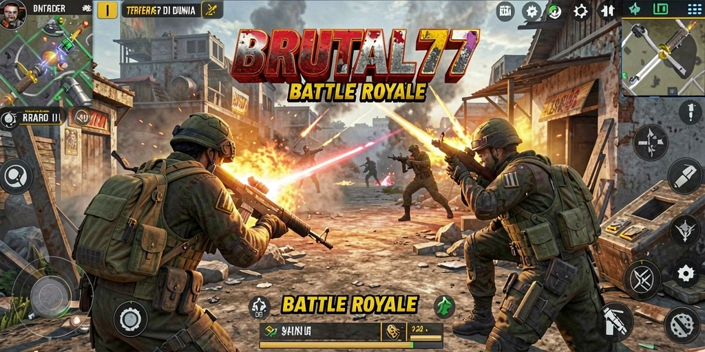 Tangkapan layar gameplay BRUTAL77 yang mendebarkan dalam pertempuran Battle Royale.