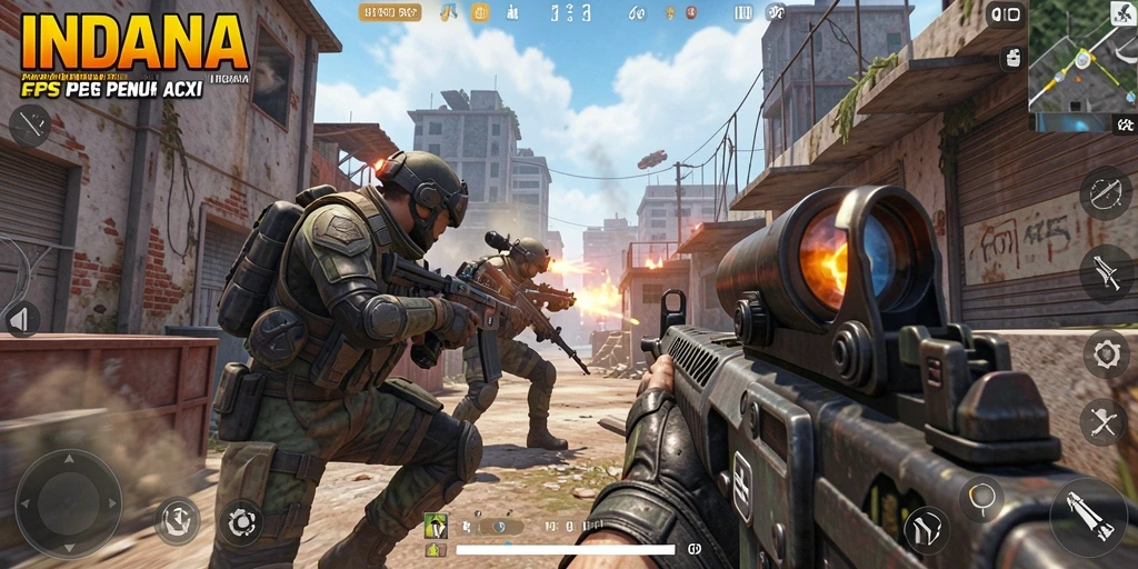 Screenshot gameplay mencolok dari INDAAA menunjukkan aksi pertempuran FPS yang mendebarkan.