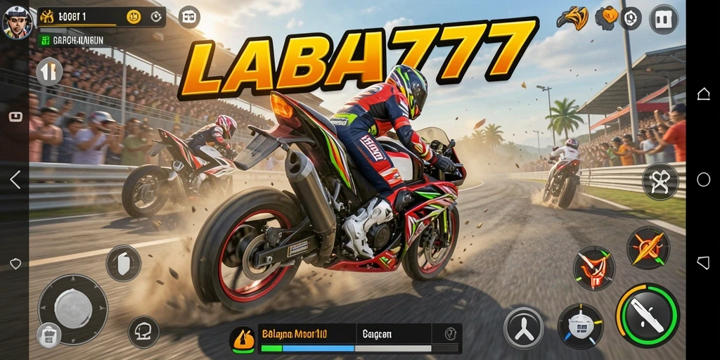 Tampilan gameplay LABA777 dengan balapan motor seru dan grafis menawan.