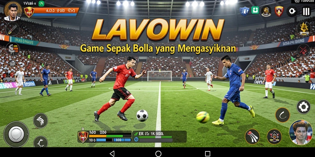 Tampilan gameplay LAVOWIN dengan aksi sepak bola yang seru dan realistis.