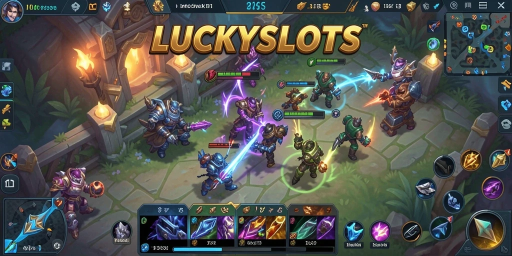 Tampilan screenshot game LUCKYSLOTS menampilkan aksi seru dalam pertempuran MOBA.