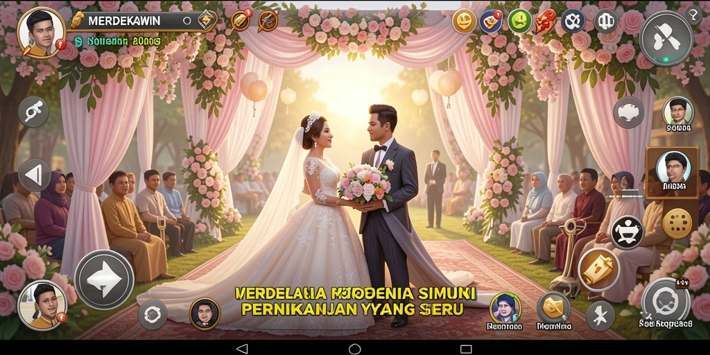 Tampilan gameplay <strong>MERDEKAWIN</strong> dengan simulasi pernikahan yang menarik.